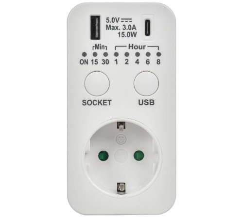 РТЭ-4 Розетка-таймер электр. с USB 15мин-8ч 16А IP20 бел  ERT12-1-16-O-15-2-20-K01  IEK