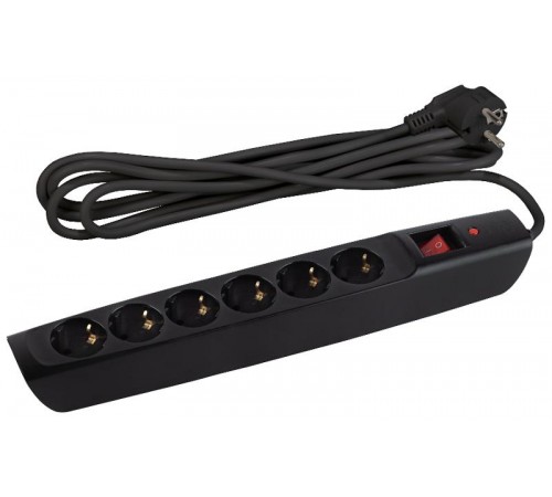 SFX-6es-2m-B Сет.фильтр (черный) с заземл, 10A, с выкл, 6гн, 2м (10/160)  Б0044024  ЭРА