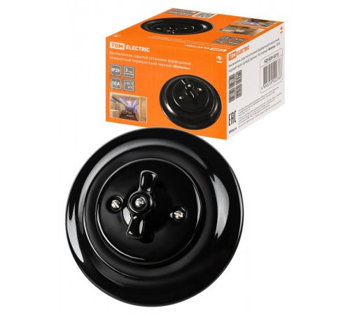 Выключатель скрытой установки фарфоровый поворотный перекрёстный с ручкой (бантик) 10А черный "Болон  SQ1820-0215  TDM