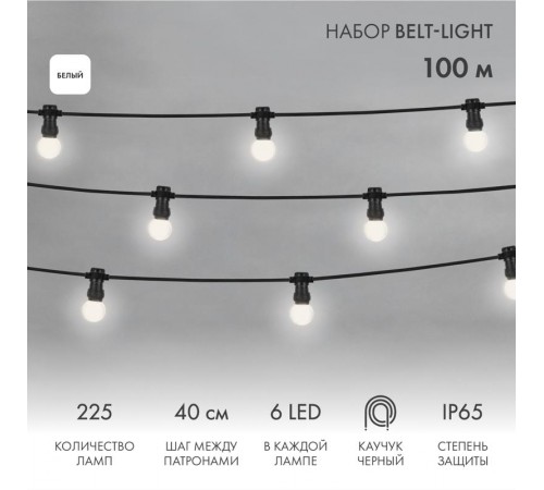 Готовый набор: "Евро Belt Light" 2 жилы шаг 40 см, Белые LED лампы 45мм (6 LED)  331-345  NEON-NIGHT