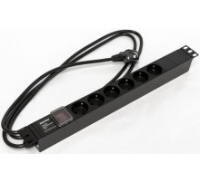 Блок розеток SHE19-6SH-S-2.5EUд. 19" шк., горизонт., с выкл. с подсветкой, 6 розеток Schuko(16A), 250В, 482.6x44.4x44.4мм(ДхШхВ)  397030  Hyperline