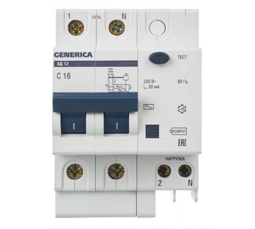 Выключатель автоматический дифференциального тока АД12 2п 16А C 16А тип AC (3,4 мод)  MAD15-2-016-C-030  GENERICA
