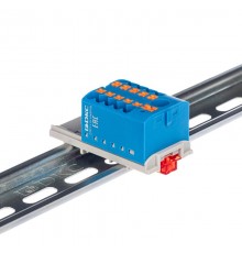 Блок распределительный с верт. адаптером на рейки  15/35мм, зажим push-in, 1 ввод 6 кв.мм, 10  подкл. 2,5 кв.мм, синий  DTP1-110-104SPUB-V  DKC