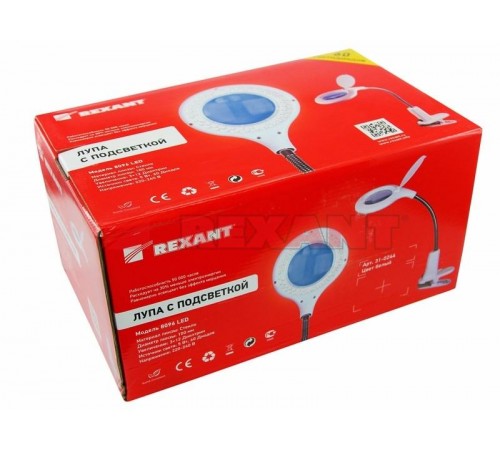 Лупа настольная 3D+12D с подсветкой 60 LED, прищепка, белая  31-0244  REXANT