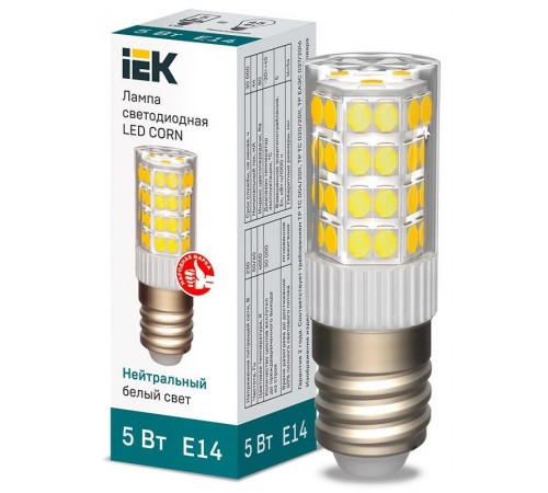 Лампа светодиодная CORN капсула 5Вт 230В 4000К керамика E14 IEK  LLE-CORN-5-230-40-E14  IEK