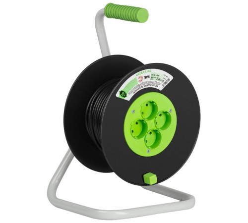 Удлинитель силовой ЭРА GREEN LINE KAT-2x1-20m Greenline на катушке пластик 4 розетки без заземления 20м ПВС 2x1мм2   Б0064997  ЭРА