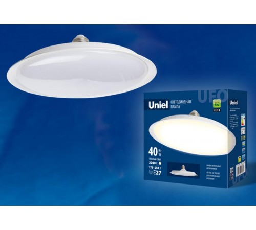 Лампа светодиодная LED-U220-40W/3000K/E27/FR PLU01WH LED мощная. "UFO", мат.. 3000К  UL-00004573  Uniel