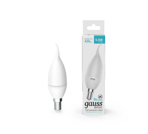 Лампа светодиодная Basic Свеча на ветру 5,5W 420lm 4100K E14 LED 1/10/50  1034126  Gauss