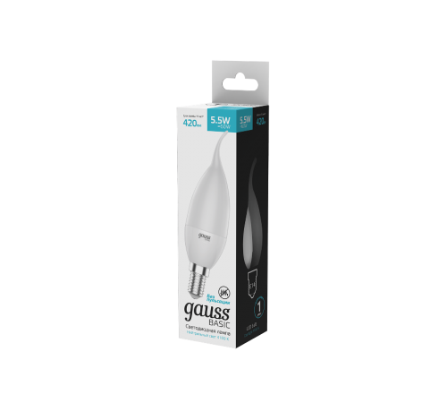 Лампа светодиодная Basic Свеча на ветру 5,5W 420lm 4100K E14 LED 1/10/50  1034126  Gauss