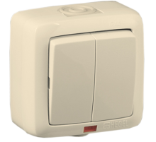 Выключатель открытой установки, двухклавишный, с индикацией, брызгозащищенный, цвет слоновая кость  ВА10-252-01  HEGEL