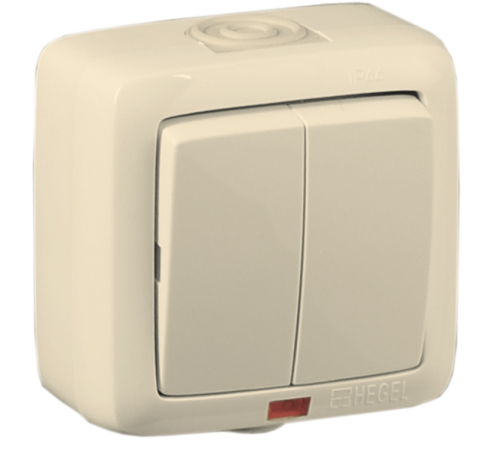 Выключатель открытой установки, двухклавишный, с индикацией, брызгозащищенный, цвет слоновая кость  ВА10-252-01  HEGEL