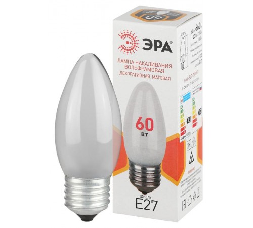 Лампа накаливания  B36 60Вт Е27 / E27 230В  свечка матовая  Б0066409  ЭРА