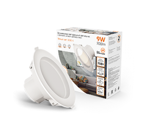 Светильник светодиодный даунлайт круг белый 9W,126x126x54, O95мм, 3000K, 700 Lm, шаг.диммирование 100-50-15%  927420109-S  Gauss