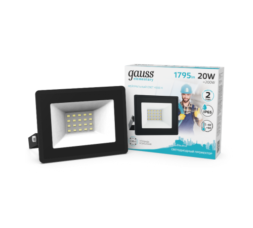 Прожектор светодиодный Elementary 20W 1745lm 4000К 200-240V IP65 черный LED 1/20  613100220  Gauss
