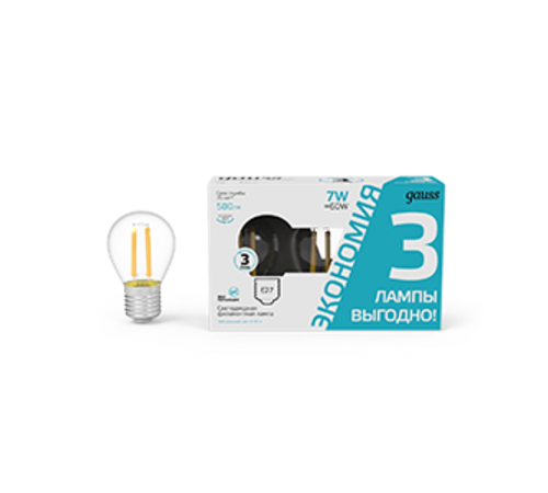 Лампа светодиодная Filament Шар 7W 580lm 4100К Е27 LED (3 лампы в упаковке) 1/20  105902207T  Gauss