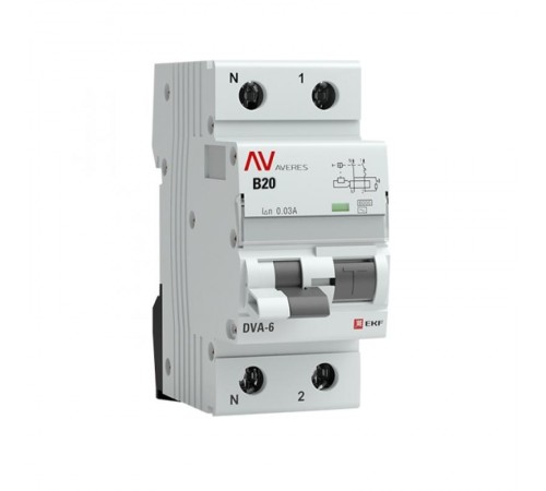 Выключатель автоматический дифференциального тока DVA-6 1п+N 20А B 30мА тип AC AVERES  rcbo6-1pn-20B-30-ac-av  EKF