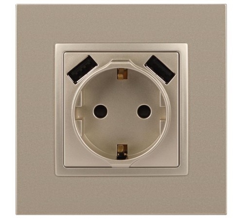 14-4109-04 Розетка без заземления+E 16A-250В, штор. с 2xUSB 5В-3А, Elegance, шампань (10/100/2000)  Б0047870  ЭРА