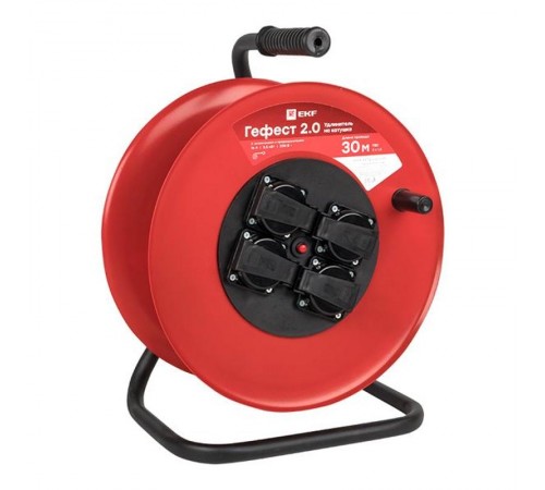 Удлинитель на катушке "Гефест 2.0" 4 гнезда 30м с заземлением и предохранителем ПВС 3*1,5 16А/3,5кВт IP44 PROxima  UKA02-16-R315-4-30-IP44  EKF