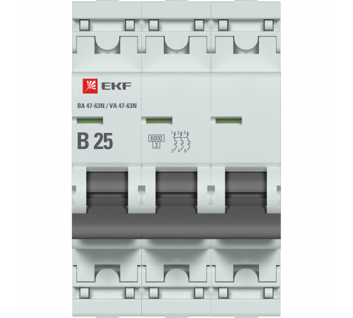 Выключатель автоматический трёхполюсный 25А (B) 6кА ВА 47-63N PROxima M636325B  EKF