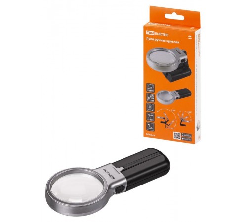 Лупа ручная круглая, d 60 мм, 3-х крат. увел., рукоятка-трансформер, LED подсветка, 2хАА,  SQ1025-0903  TDM
