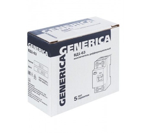 Выключатель дифференциальный (УЗО) ВД1-63 2п 63А 30мА тип AC  MDV15-2-063-030  GENERICA