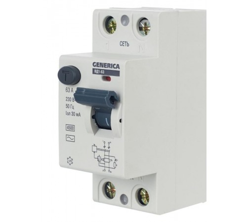 Выключатель дифференциальный (УЗО) ВД1-63 2п 63А 30мА тип AC  MDV15-2-063-030  GENERICA