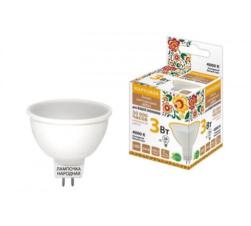 Лампа светодиодная LED 3Вт GU5.3 230В 4000К MR16 Народная отражатель (рефлектор)  SQ0340-0127  TDM