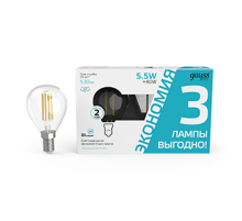 Лампа светодиодная   Basic Filament Шар 5,5W 530lm 4100К Е14 LED (3 лампы в упаковке) 1/20  1051126T  Gauss