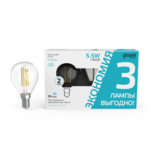 Лампа светодиодная   Basic Filament Шар 5,5W 530lm 4100К Е14 LED (3 лампы в упаковке) 1/20  1051126T  Gauss