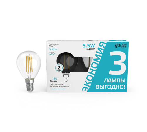 Лампа светодиодная   Basic Filament Шар 5,5W 530lm 4100К Е14 LED (3 лампы в упаковке) 1/20  1051126T  Gauss
