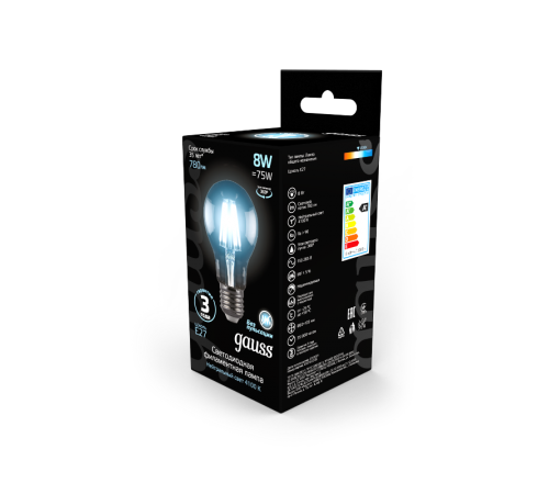 Лампа светодиодная Black LED Filament A60 E27 8W 780lm 4100К  102802208  Gauss