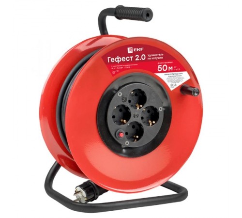 Удлинитель на катушке "Гефест 2.0" 4 гнезда 50м с заземлением и предохранителем КГ 3*2,5 16А/3,5кВт PROxima  UKG02-16-R325-4-50  EKF