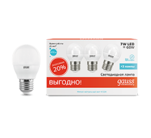 Лампа светодиодная LED 7Вт E27 220В 4100К Elementary шар (3 лампы в упаковке)  53227T  Gauss