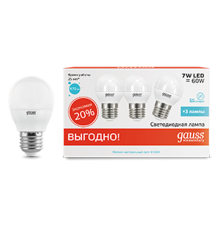 Лампа светодиодная LED 7Вт E27 220В 4100К Elementary шар (3 лампы в упаковке)  53227T  Gauss