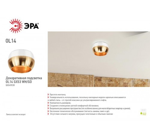 Светильник накладной подсветка OL14 GX53 WH/GD под GX53, белый/золото (40/1440)  Б0049038  ЭРА
