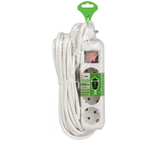 Удлинитель электрический ЭРА UDL-16-370-ES Greenline 3 розетки с заземлением с выключателем 7м ПВС 3x1мм2   Б0065012  ЭРА