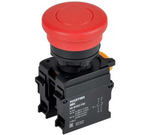 Кнопка "Грибок" с фиксац. d=22мм 1NO+1NC красная MASTER  MI-BG60-11M-3-21-K04  IEK
