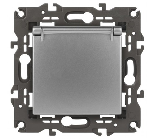 14-2103-03 Розетка с заземлением со шторками с крышкой, 16A-250В, IP20, Эра Elegance, алюминий  Б0034280  ЭРА