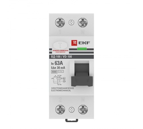 Выключатель дифференциальный (УЗО) ВД-100 2п 63А 30мА (тип АС, эл-мех) 6кА PROximа  elcb-2-6-63-30-em-pro  EKF (замена - E1026M6330)