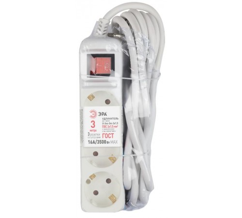 Удлинитель электрический U-3es-3m-3x1,5 с заземлением с выключателем 3 розетки 3м ПВС 3x1,5мм2 16А  Б0044040  ЭРА