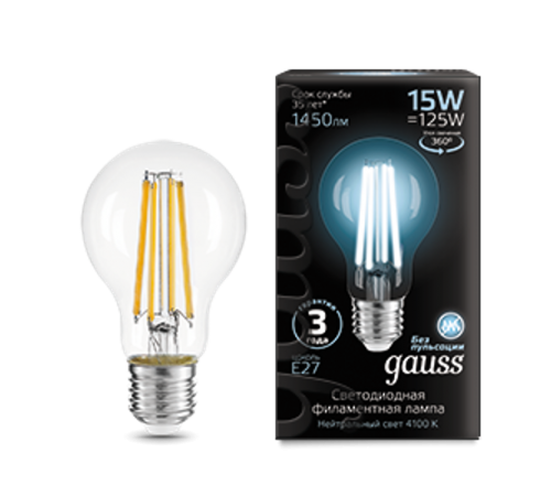 Лампа светодиодная Filament А60 15W 1450lm 4100К Е27 LED 1/10/40  102902215  Gauss