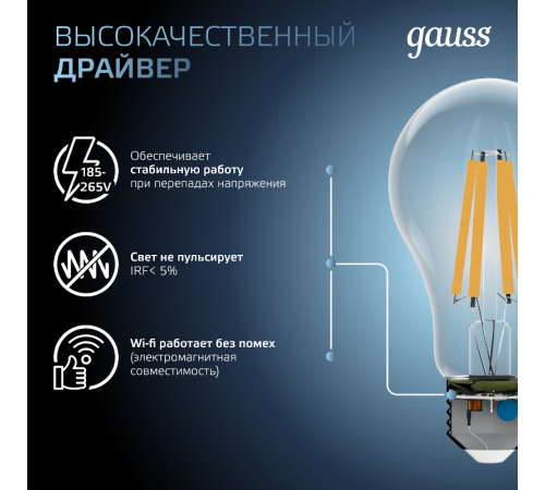 Лампа светодиодная Filament А60 15W 1450lm 4100К Е27 LED 1/10/40  102902215  Gauss
