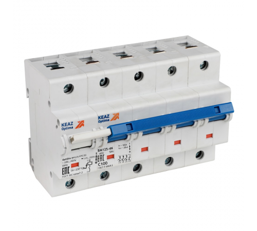 Выключатель автоматический четырёхполюсный с независимым расцепителем OptiDin BM125-4ND100-НР-14ln-УХЛ3 336386 КЭАЗ