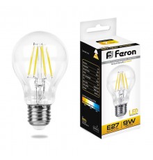 Лампа светодиодная LB-63 (9W) 230V E27 2700K филамент A60 прозрачная  25631  FERON