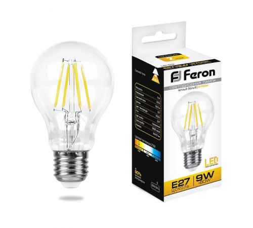 Лампа светодиодная LB-63 (9W) 230V E27 2700K филамент A60 прозрачная  25631  FERON