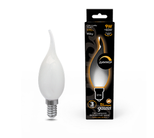 Лампа светодиодная Filament Свеча на ветру 9W 590lm 3000К Е14 milky диммируемая LED 1/10/50  104201109-D  Gauss
