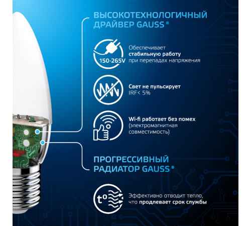 Лампа светодиодная Свеча 6.5W 550lm 6500К E27 LED 1/10/100  103102307  Gauss