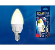 Лампа светодиодная LED-C37 7W/3000K/E14/FR/DIM PLP01WH LED, димм.. "свеча", мат, серия Яркая, пр-во Россия, 3000К .  UL-00004296  Uniel