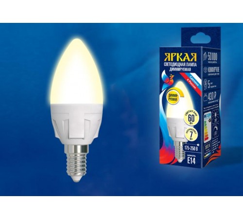 Лампа светодиодная LED-C37 7W/3000K/E14/FR/DIM PLP01WH LED, димм.. "свеча", мат, серия Яркая, пр-во Россия, 3000К .  UL-00004296  Uniel