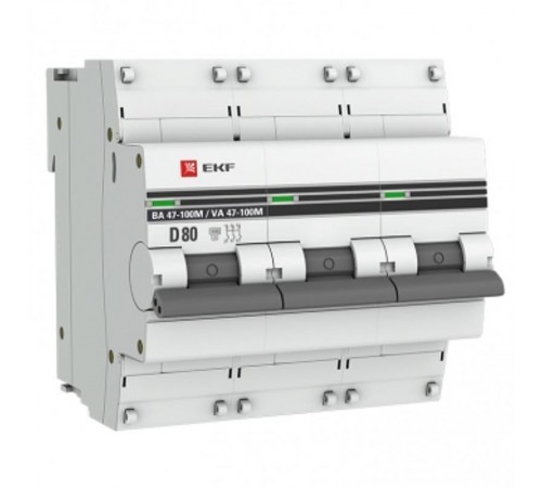 Выключатель автоматический трехполюсный 3P 80А (D) 10kA ВА 47-100M c электромагнитным расцепителем PROxima  mcb47100m-3-80D-pro  EKF